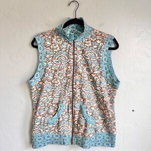 Oleg Cassini Sport Women’s Blue Brown Cotton Floral Zip-Front Vest Size Medium